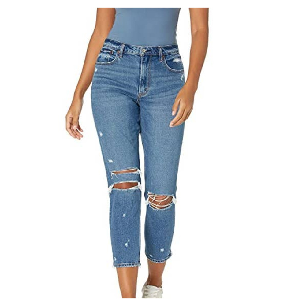 Abercrombie High Rise Mom Curvy Love Blue Destroyed Ripped Jean Size 27